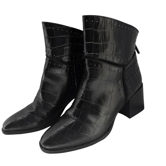 Donald J. Pliner Gemini Crocodile Black Block Heel Ankle Boot Silver Studded 8.5 - Picture 2 of 13